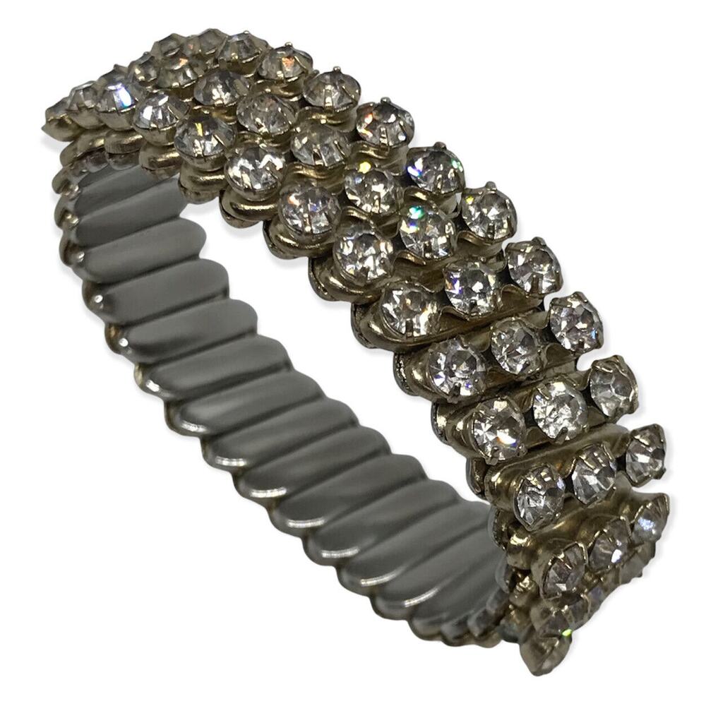 Vintage Rhinestone in Silver Setting Stretch Bracelet 3 Row
